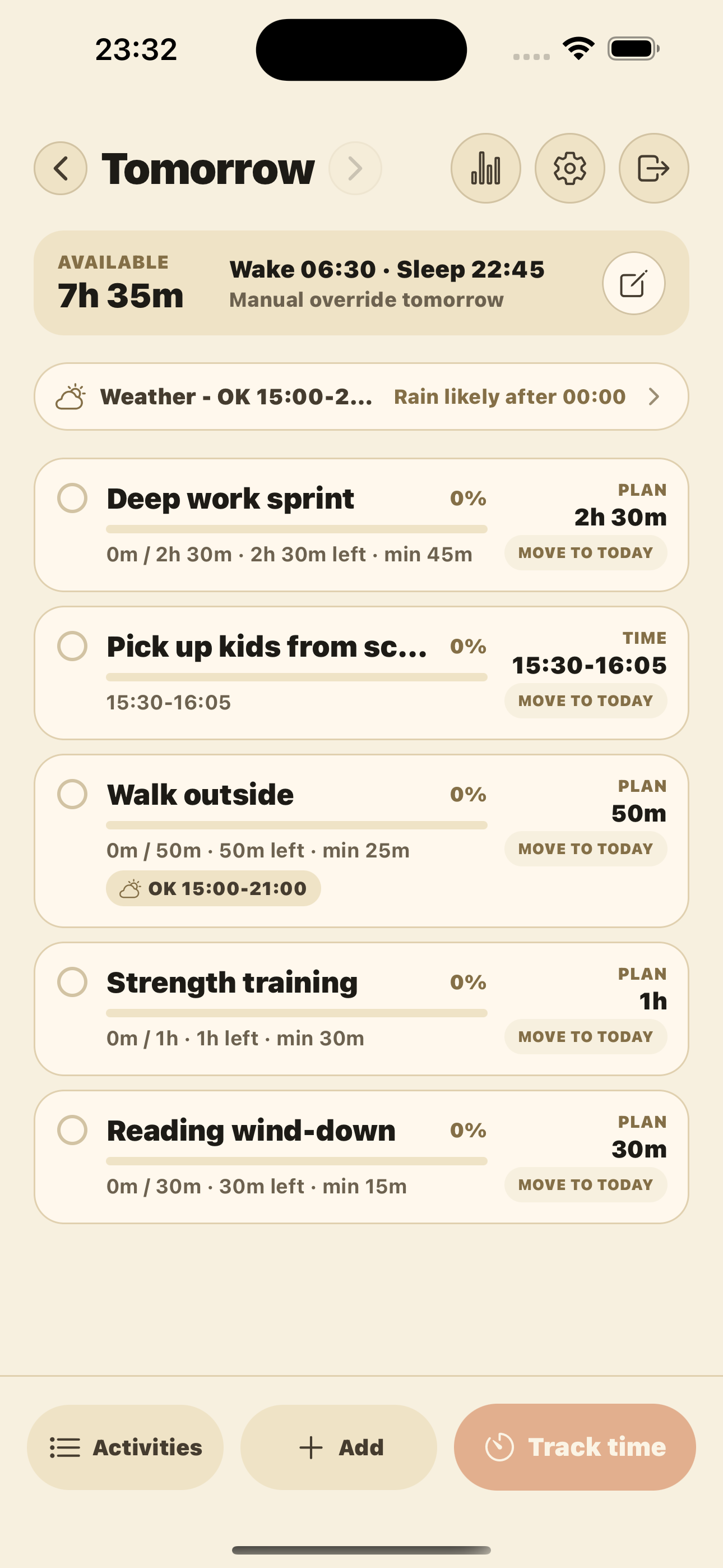 DayDuet tomorrow planning screen